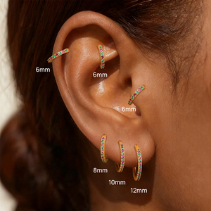 Pendientes de Aro Individuales de Plata de Ley 925 con Fila de Circonitas Rosas y Verdes, 6mm 8mm 10mm 12mm, Joyería Fina para Oreja - Product Image 2