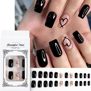 24 Uds Rojo Negro amor prensa en las <span class=keywords><strong>uñas</strong></span> <span class=keywords><strong>cortas</strong></span> cuadradas <span class=keywords><strong>uñas</strong></span> postizas usables puntas de <span class=keywords><strong>uñas</strong></span> postizas para mujeres Día de San Valentín puntas de bricolaje - Product Image 2