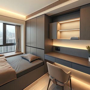Minimalist Wall Bed Bedroom Wardrobe <b>Desk</b> <b>Bookshelf</b> Custom Furniture Set with Wood Panel Design - Product Image 6