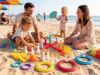 2026 Ensemble de 5 jeux de sport d'extérieur pour enfants, interactif parent-enfant, pour pelouse : Lanceur, Raquette, Anneau volant, Bowling et Lancer d'anneaux