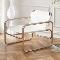 Fauteuil d'appoint moderne en cuir rembourré de style nordique avec dossier, chaise de loisirs à structure en acier inoxydable pour usage domestique