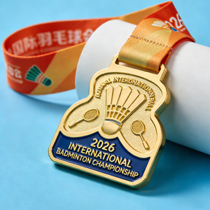 Médaille de badminton sportive personnalisée durable en alliage de zinc plaqué or 3D avec boîte - Product Image 1