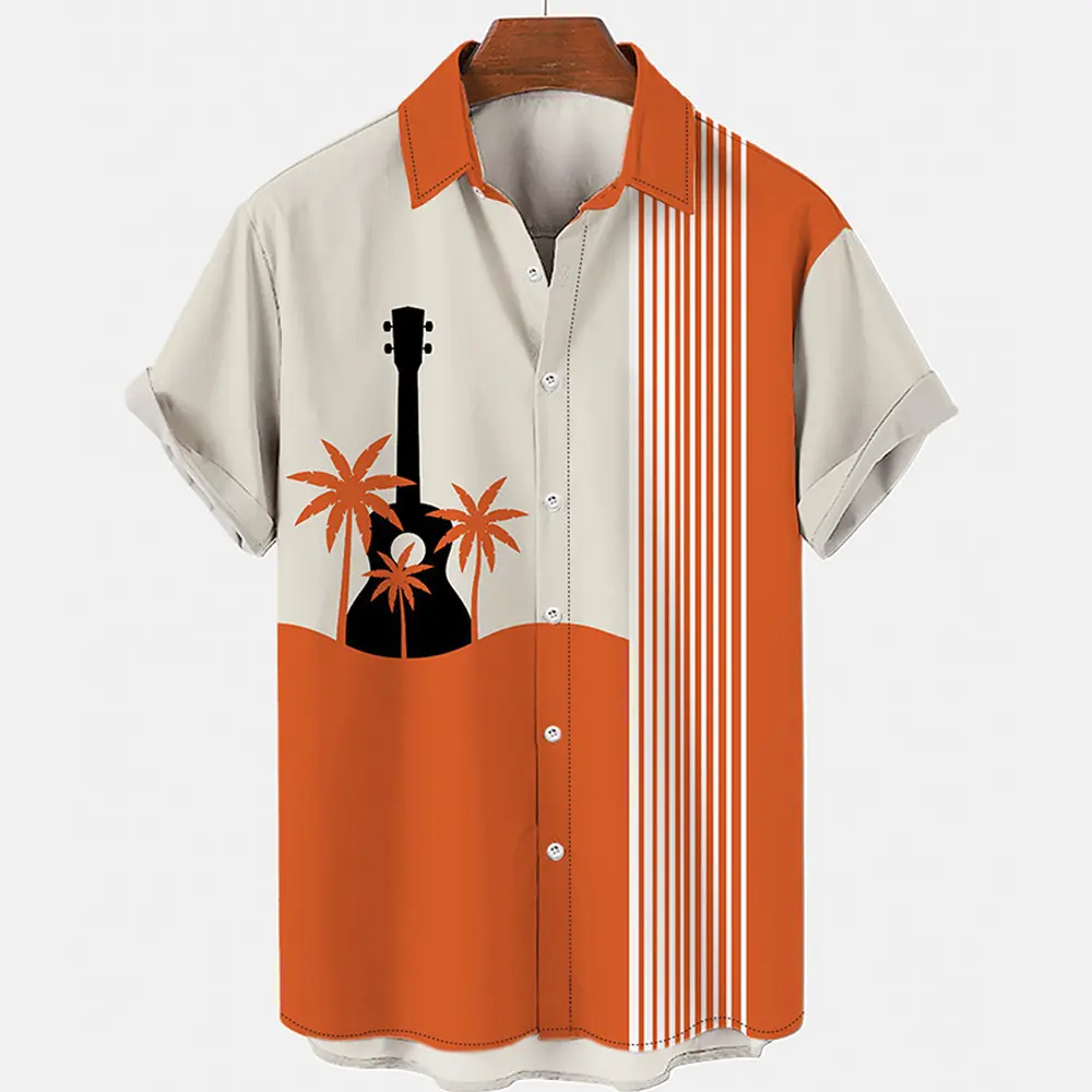 패션 트렌드 3D 스트라이프 남성 셔츠 캐주얼 음악 기타 힙합 반소매 티셔츠 느슨한 남성용 하와이안 셔츠
