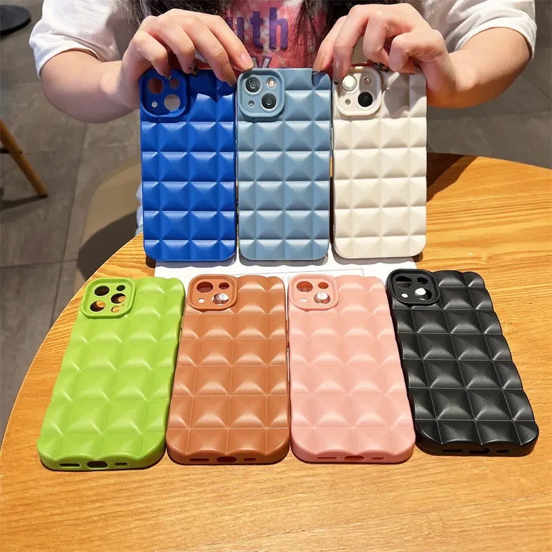 Fashion 3D Grid Matte Shockproof Silicone Soft TPU Cover Phone Case For iPhone 15 14 13 12 11 Pro Max X XR XS Max 7 8 Plus