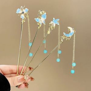 Romantic Blue <b>Crystal</b> Starfish <b>Moon</b> Hair Stick for Women New Chinese Style Butterfly Flower Long Tassel Hairpin Hair Accessories - Product Image 1