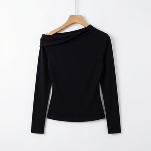 Maglietta da <span class=keywords><strong>donna</strong></span> monospalla a manica lunga con scollo asimmetrico, vestibilità slim, <span class=keywords><strong>nera</strong></span>, casual, alla moda, tinta unita, traspirante - Product Image 6