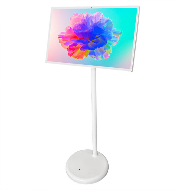 White 6GB+128GB on Wheels Movable Charging Screen Display Built-In Battery Speaker Smart Interactive Portable Standing Monitor