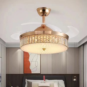 Ventilateur de plafond moderne pour salon de villa avec éclairage LED et télécommande, 5 vitesses, montage encastré, finition dorée et cristaux - Product Image 5