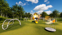 Structure de jeu extérieure commerciale à plancher incurvé avec toboggan tubulaire, arche d'escalade avec filet, balançoire nid et tourne-terre pour parcs communautaires et écoles