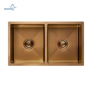 Luxury Rose Gold Handmade Undermount 33 Inch Double Blowl 16 Ga Stainless Steel Kitchen Sink