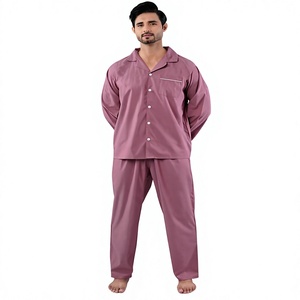 Ensemble de pyjama en coton pour homme, manches longues, couleur unie, vêtements de nuit décontractés d'automne avec poches, lavable en machine - Product Image 1