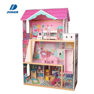 บ้านตุ๊กตาไม้แกล้งทำเป็นเล่นตุ๊กตาบ้านเฟอร์นิเจอร์ของเล่นสำหรับเด็ก DIY บ้านตุ๊กตาพร้อมเฟอร์นิเจอร์และลิฟท์