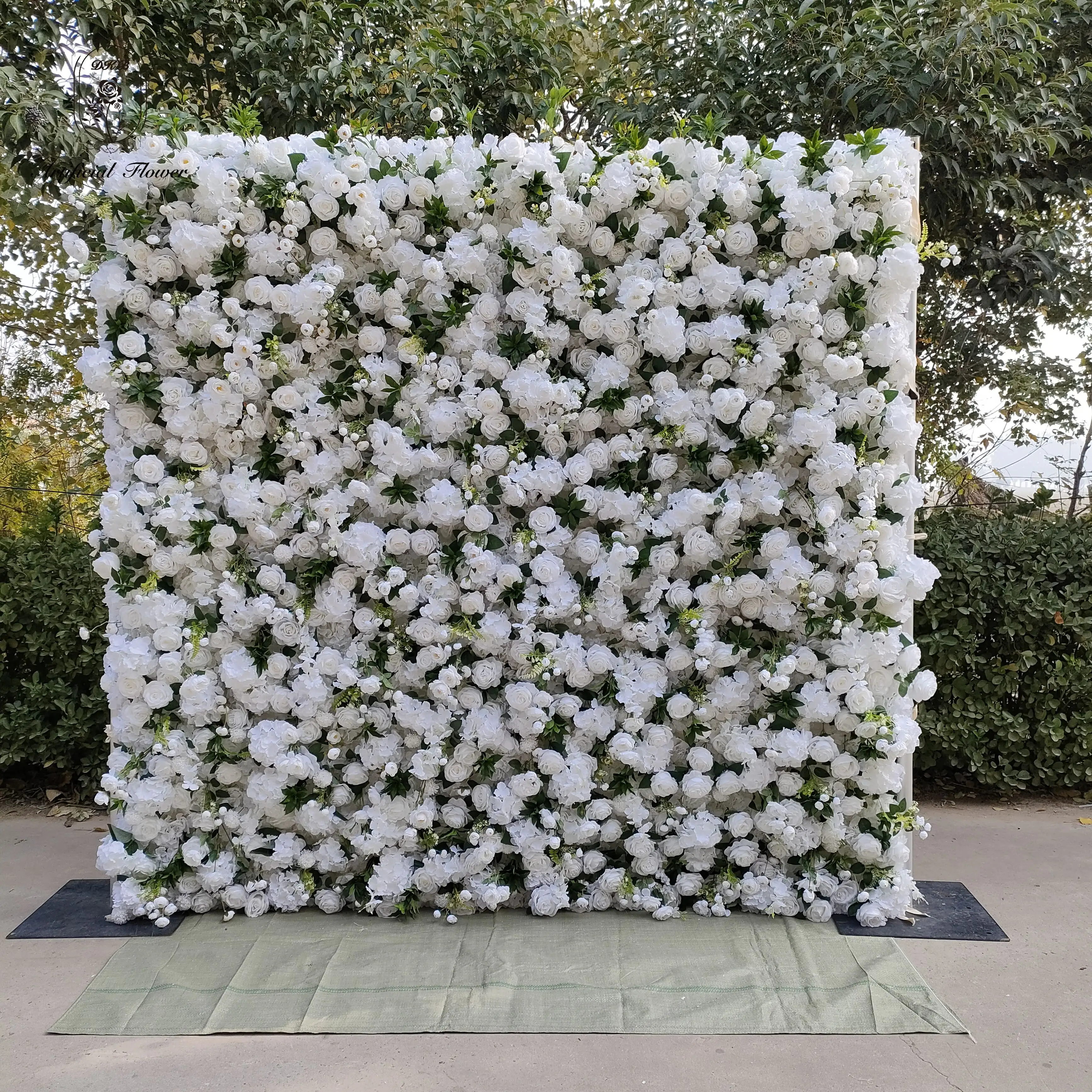 DKB35 years wedding decoration supplies wholesale customized white rose roll up flower wall panel backdrop