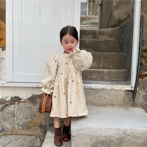 Váy Thu Đông 2021 Váy Bé Gái Vải Nhung Kẻ Thêu Quần Áo Dài Tay Trẻ Em Váy Bé Gái Phong Cách Hàn Quốc