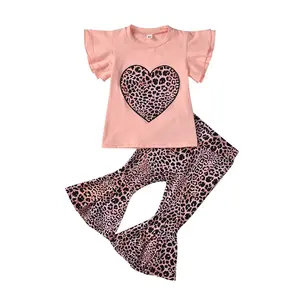 2024 Müttertag Mädchen T-Shirt Hosenbekleidungssets modisch Liebe Leopard bedruckte ausgestellte Hosen Kinderbekleidungssets