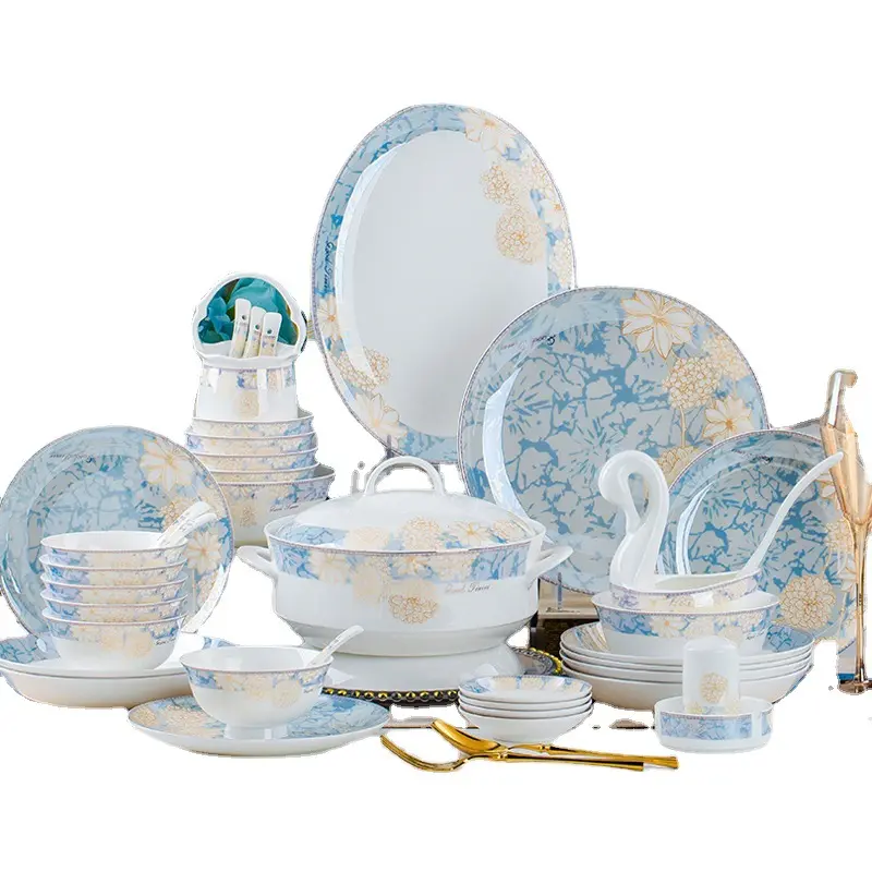 Wholesale Bone China Dinnerware Set Luxury European Vintage Blue Elegant Wedding Party Dinnerware Set