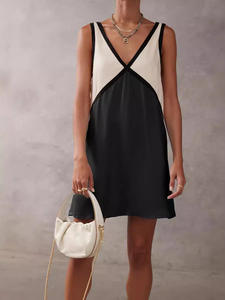 Mini robe sans manches col V couleur contrastée robe débardeur robe d'été pour club fête - Product Image 3
