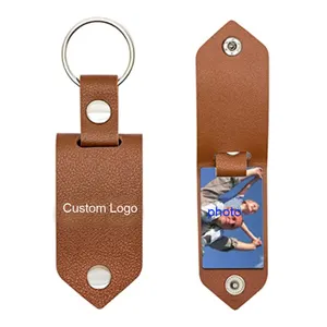 Souvenir Gift Customized Logo Luxury Leather Keychain With Photo Metal Plate Pu Photo Leather Keychain