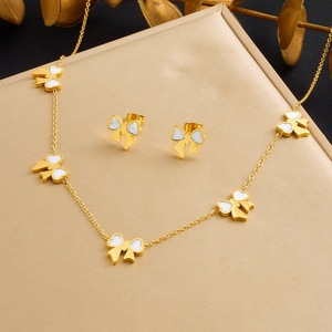 Gold Plated Stainless Steel Bow Pendant Necklace Earrings <b>Bracelet</b> <b>Set</b> Women's Everyday Wear Jewelry Three Piece <b>Set</b> - Product Image 2
