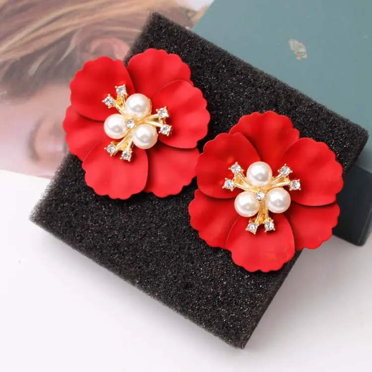 Fashion Vintage Simple Earring Designs For Women Rhinestone Red Flower Pearl Statement Earrings