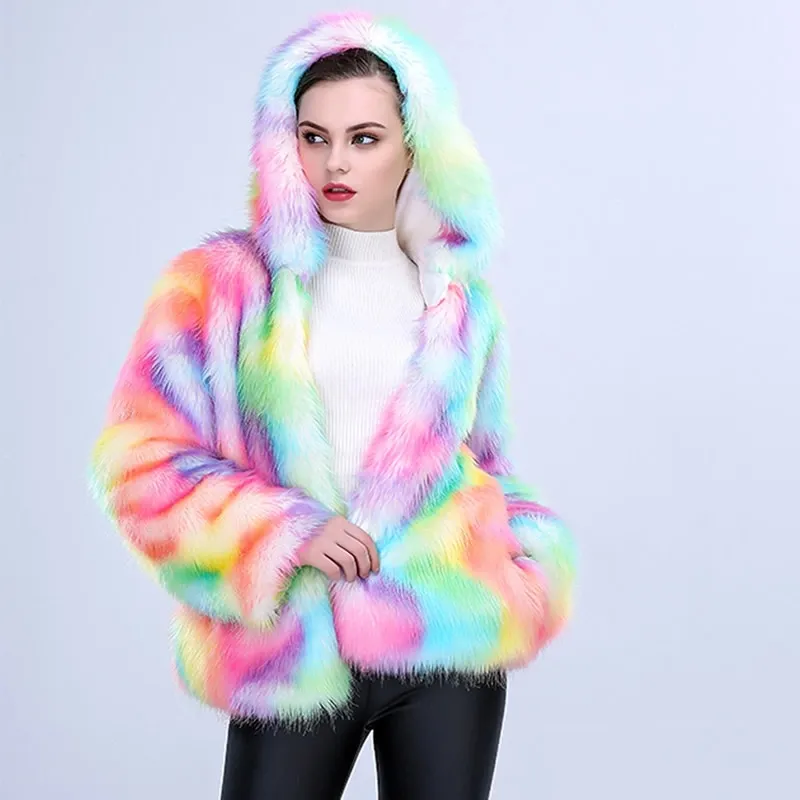 Rainbow Faux Fur Jacket Women Winter Outwear Coat Rave Outfit With Hoodie