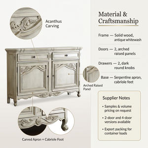 Credenza in Legno Massello Stile Provinciale Francese con Ante Intagliate, 2 <span class=keywords><strong>Cassetti</strong></span> e 4 Ripiani, Mobile Tradizionale per Soggiorno e Hotel - Product Image 4