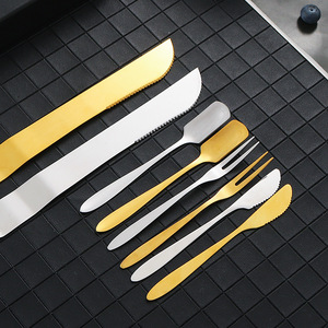 Ensemble couteau et fourchette à gâteau Yt A018 en acier inoxydable doré, spatules à pâtisserie, lavable au lave-vaisselle, couleur unie - Product Image 1