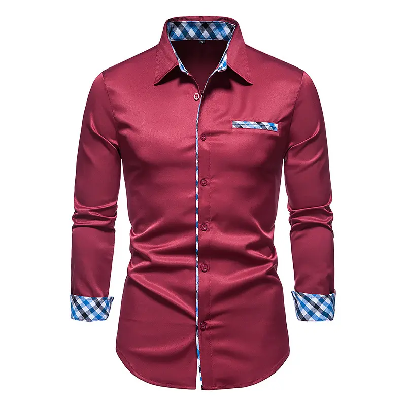 Pure Red Blue Solid Colorblock 100% Cotton Men's Contrast Checked Long Sleeves Dress Shirts For Man