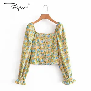 R40494S wholesale fashion summer beach wear pure color flower print long sleeve women's blouses