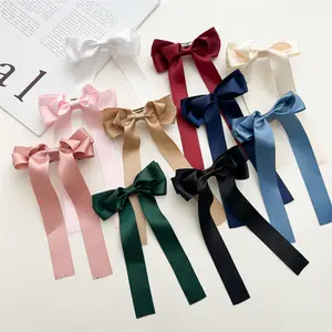 Long Tail Satin Hair Ribbon Bowknot Big Bows With French Clips For Women