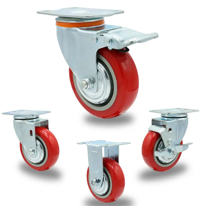Roda resistente de carga sólida da roda casters industrial rodas revestimento da roda de poliuretano vermelho personalizar