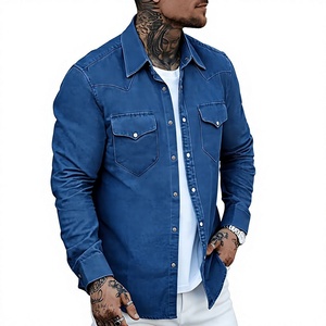 Camisa de Mezclilla para Hombre, Corte Slim Fit, 100% Algodón, Manga Larga, Color Azul Sólido, Cuello Clásico, Estilo Casual, Antiarrugas, Lavado a la Piedra - Product Image 1