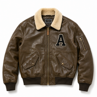 Blouson Bomber G1 en Cuir Plein Cuir pour Homme, Col Sherpa, Patch Chenille Personnalisé, Veste Letterman Streetwear, Fabricant OEM