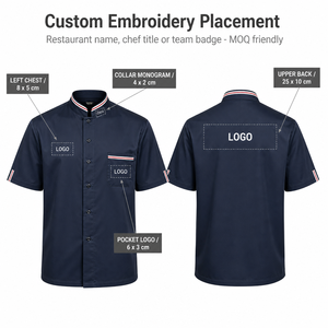 Veste de chef à manches courtes pour homme, bleu marine, col montant, simple boutonnage, uniforme de cuisine pour restaurant, café, hôtel, logo personnalisé - Product Image 6