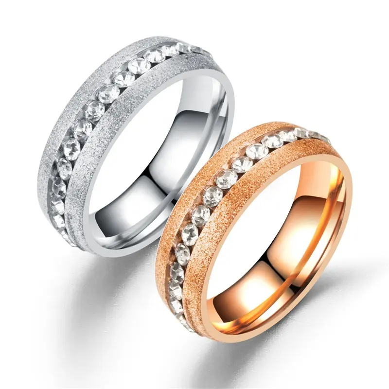 Stock! Round Diamond Dull Polish Scrub Single Row Couple Ring Plated Silver Rose Gold Stainless Steel 2 Gram Gold Ring Price