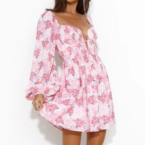 Vestido de Mujer de Manga Larga, Estilo Moderno, Mini, Sexy, Casual, Tejido, con Estampado Digital, Ecológico, Cintura Natural, Estampado Floral Rosa - Product Image 2