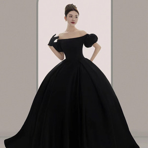 Off-Shoulder Satin Ball Gown Wedding Dress Black Natural Waist Vintage Style Hepburn Inspired Full Skirt Formal Evening Wear - Product Image 2