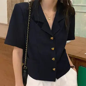 L8069 New Korean Chic Solid Color Short Sleeve Office Lady Blouse Shirt Women Notched Neck Tops Wholesale 6