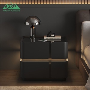 Wayon Lüks Şampanya Altın Akıllı Komodin Kablosuz Şarjlı Cam Üstlü 2 Çekmeceli LED Başucu Sehpası - Product Image 4