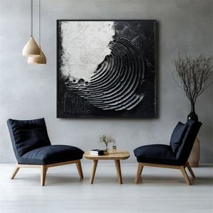 Échos d'Équilibre – Peinture à l'huile 3D encadrée, noire et blanche, courbée – Décoration murale de luxe pour la maison – Toile abstraite texturée - Product Image 1