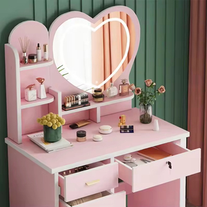 Juego de tocador moderno con espejo en forma de corazón rodeado de luces LED y taburete a juego para dormitorio de niñas - Product Image 2