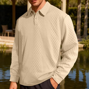 Polo de manga larga para hombre, de jacquard texturizado, color liso, con botones, diseño de solapa, holgado, para uso diario informal - Product Image 3