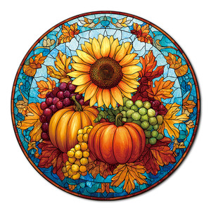 Puzzle rond style vitrail Récolte d'automne avec tournesols, citrouilles, raisins et feuilles pour enfants et adultes, jouet de puzzle 3D - Product Image 1