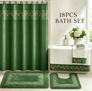 Set Decorativo per <span class=keywords><strong>Bagno</strong></span> 18 Pezzi, Tende in Poliestere Impermeabili con Ricamo a Foglie Dorate, Collezione Tappeti Antiscivolo per Inaugurazione Casa - Product Image 1