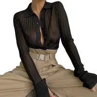 Blusa sensual feminina manga longa, transparente, para mulheres, 2021, europeia e americana, com lapela