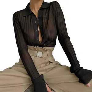 Venta al por mayor blusas tallas grandes-Tops sexys transparentes de manga larga para mujer, blusa con solapa europea y americana, ropa de moda 2021
