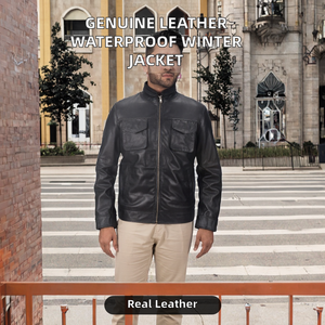 Vestes d'hiver décontractées en cuir véritable de qualité supérieure pour hommes, col montant, fermeture éclair imperméable, effet délavé, doux, confortable et durable - Product Image 2