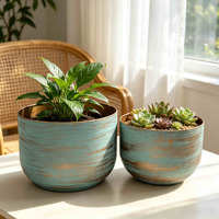 Set 2 Pot Tanaman Logam Turquoise Brushed Metal Vintage Distressed Bulat untuk Dekorasi Rumah dan Taman di Meja Dalam Ruangan