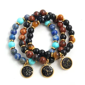 New Arrival Natural Stone Gold Plated Enamel Round Stainless Steel Engraved Zodiac Charm Stone Bead Bracelet