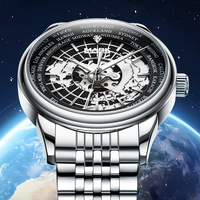 Montre mécanique squelette Mark Fairwhale World Map pour homme, avec cadran 24 heures, lunette en acier inoxydable, étanche et lumineuse, modèle sport FW-6062